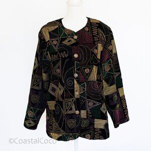 Vintage Dressbarn 14/16 Velvet Blazer Jacket Geometric Lightweight Gold Artsy